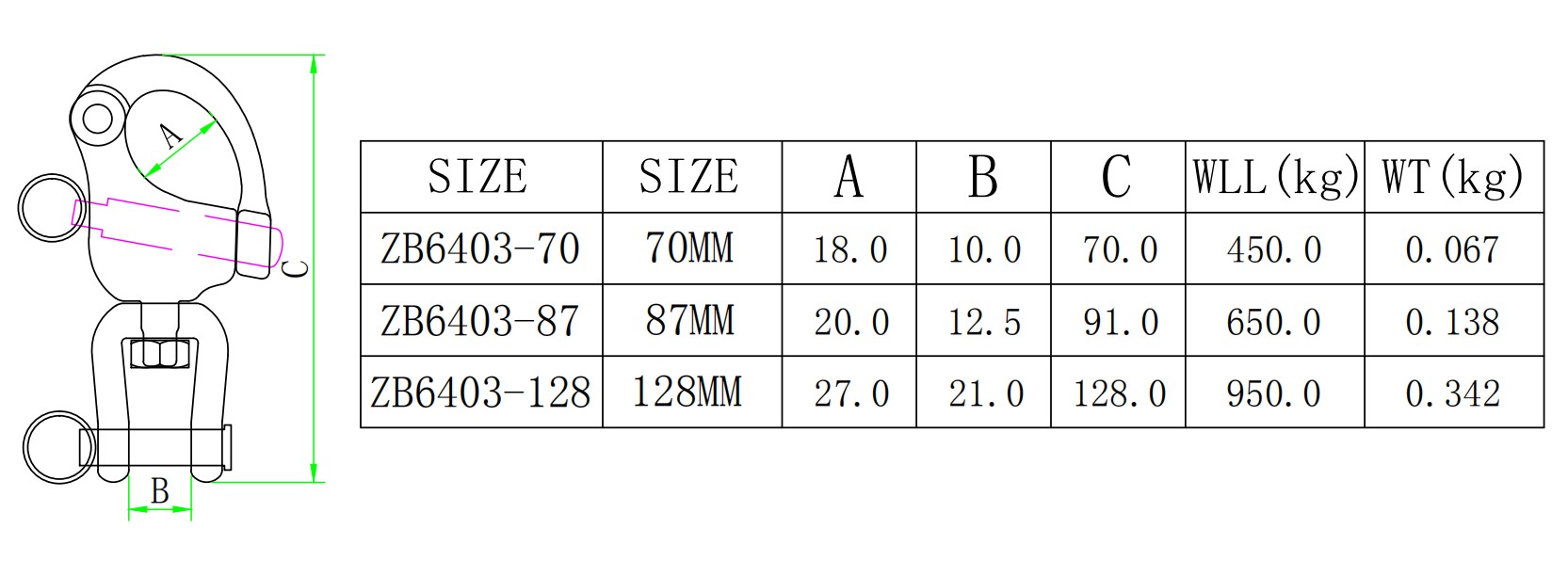 ZB6403叉式旋转弹簧卸扣-尺寸简图
