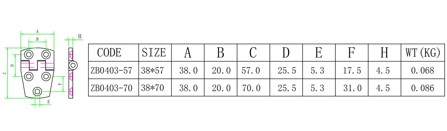 ZB0403梯形五孔合页-尺寸简图