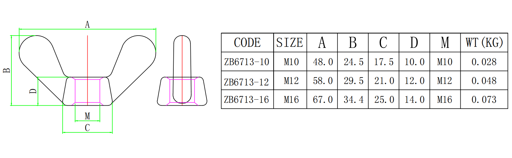 ZB6713蝶形螺母-尺寸简图