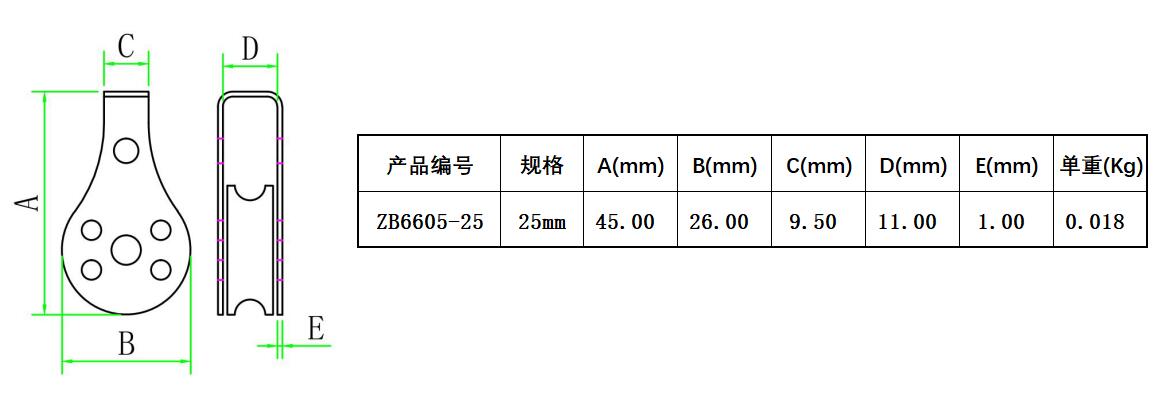 ZB6605-25 605尼龙滑轮尺寸简图