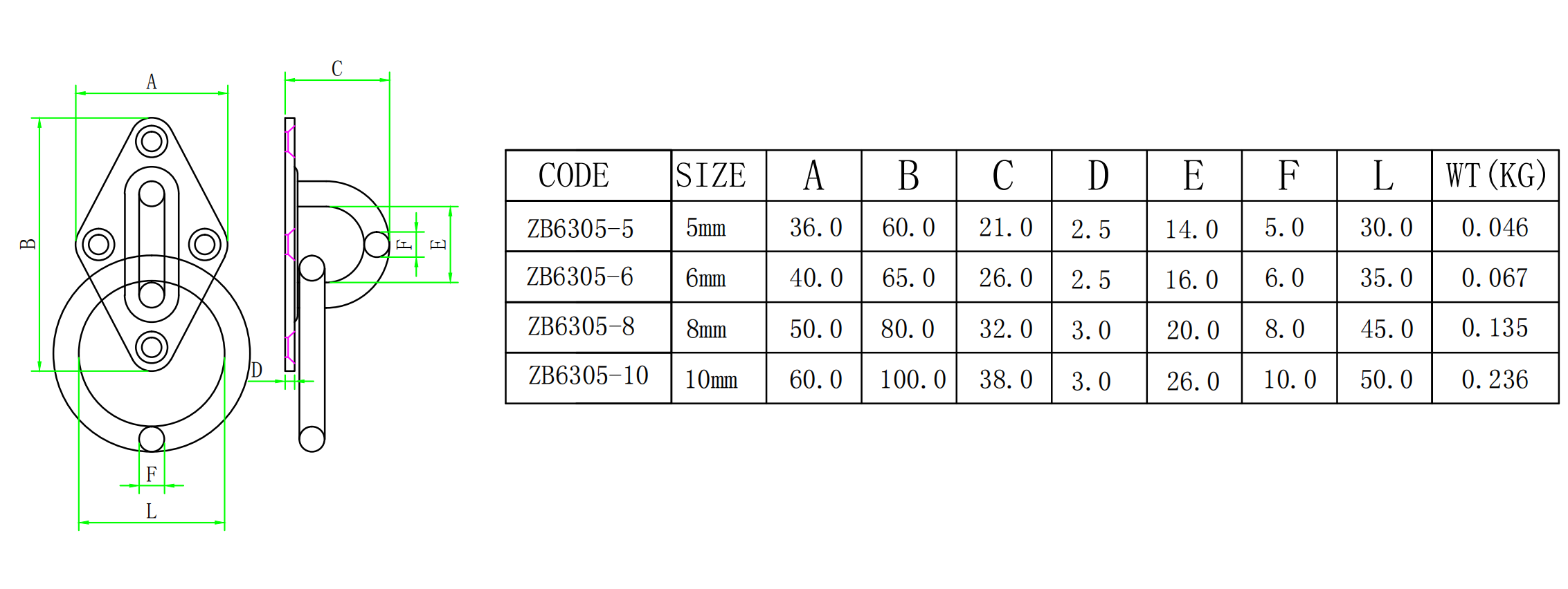 ZB6305 带环菱形门扣-尺寸简图