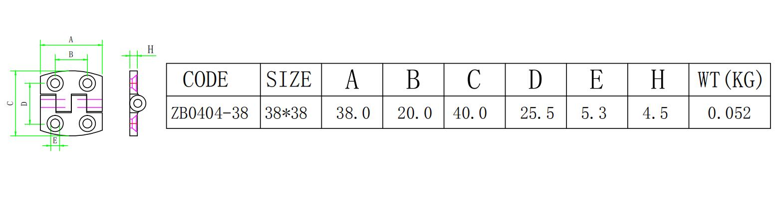 ZB0404弧形四孔合页-尺寸简图