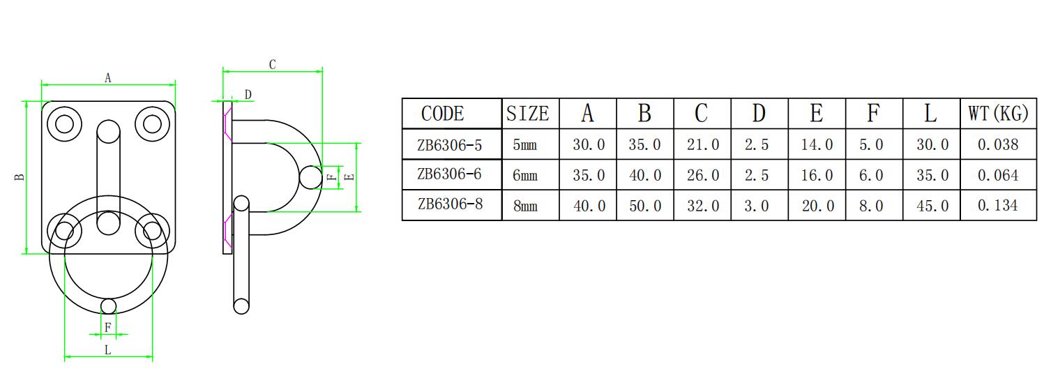 ZB6306带环方形门扣-尺寸简图