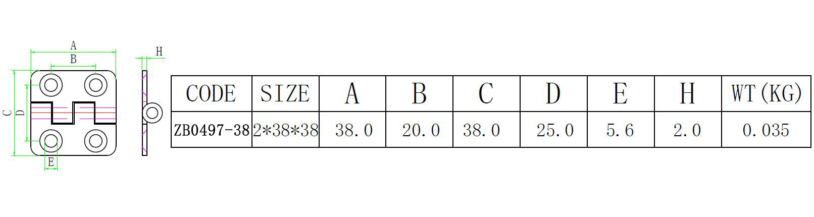 ZB0497 冲压方形四孔合页-尺寸图