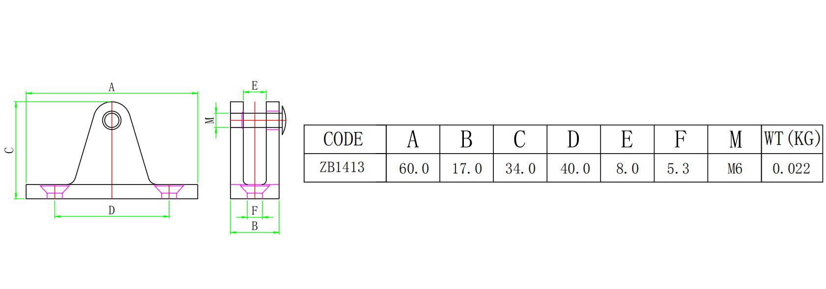 ZB1413 塑料正山形座-尺寸简图